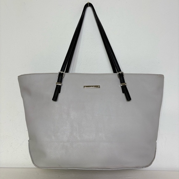 NINE WEST Vintage 90s Y2K faux leather light grey minimalist neutral tote bag - Picture 11 of 16